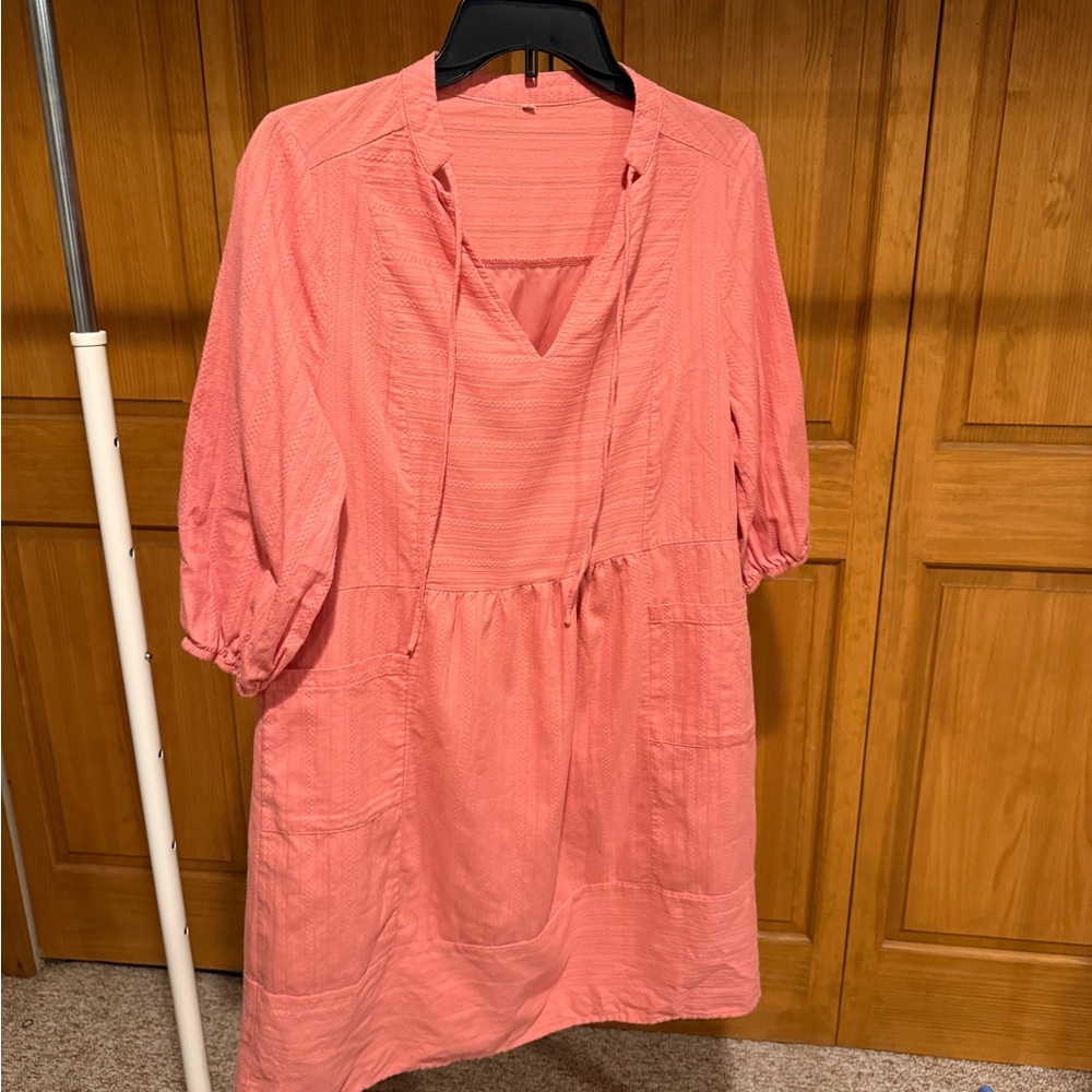 Coral Pink Cotton Tunic Dress Boho Smock Shift V-Neck Pockets Casual Womens S